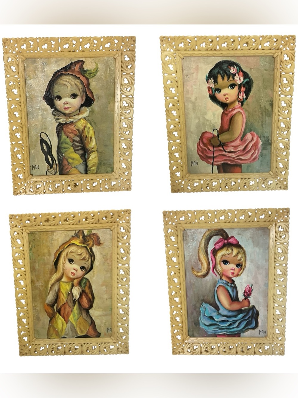 Vintage Jean Maio Big Eye Kitsch Art Prints Set of 4 Framed Soroka USA MCM